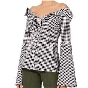 Caroline Constas Gingham Persephone Bell Sleeve Blouse Top Blue/White Women's M